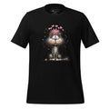 Black t-shirt with a cat graphic and 'StayClothed' branding on a wooden surface.