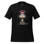 Black t-shirt with a cat graphic and 'StayClothed' branding on a wooden surface.