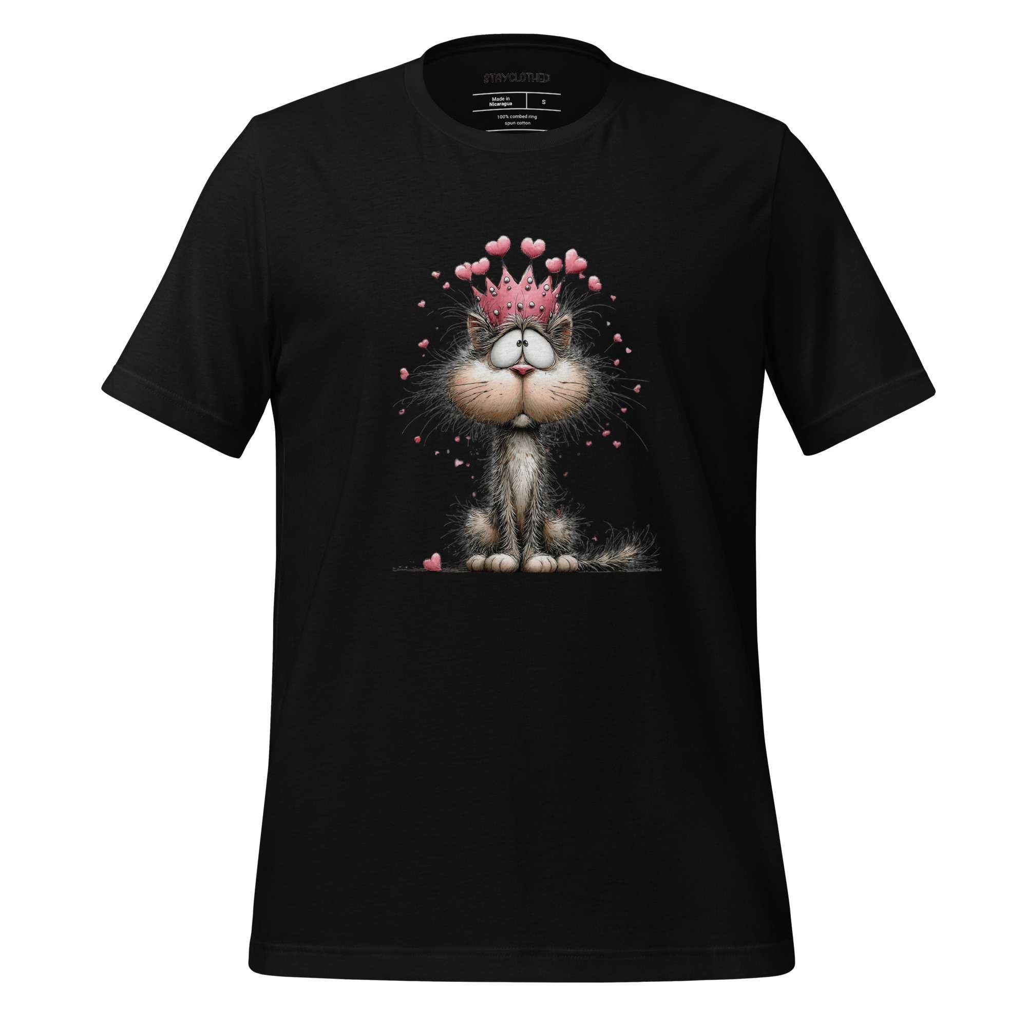 Black t-shirt with a cat graphic and 'StayClothed' branding on a wooden surface.