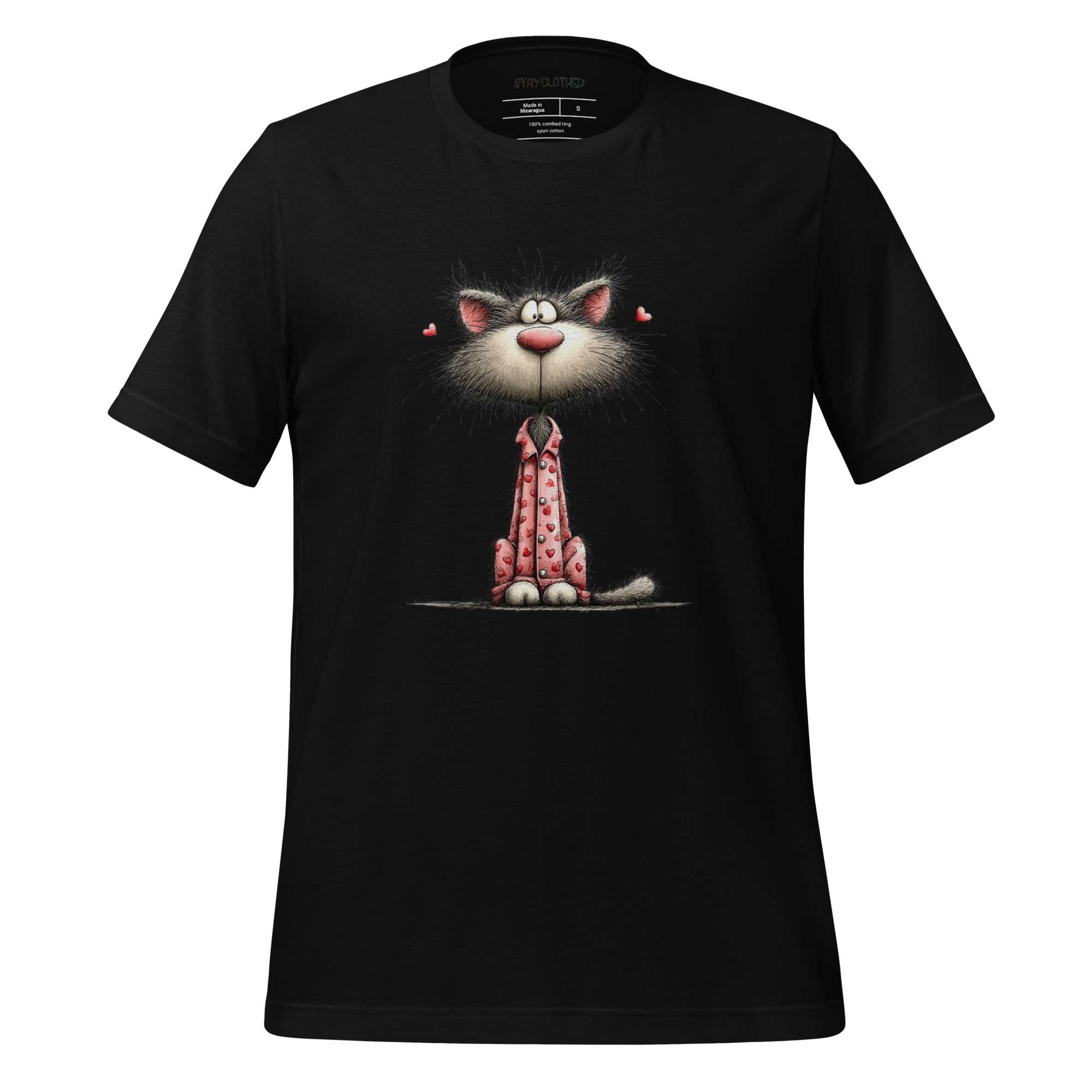 Black t-shirt with a cat graphic on a wooden surface, featuring the brand 'StayClothed'.