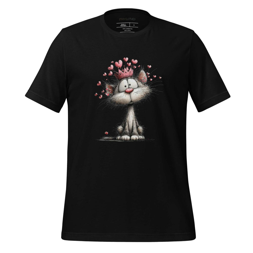 Black t-shirt with a cat graphic and 'StayClothed' branding on a wooden surface.