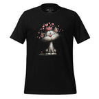 Black t-shirt with a cat graphic and 'StayClothed' branding on a wooden surface.