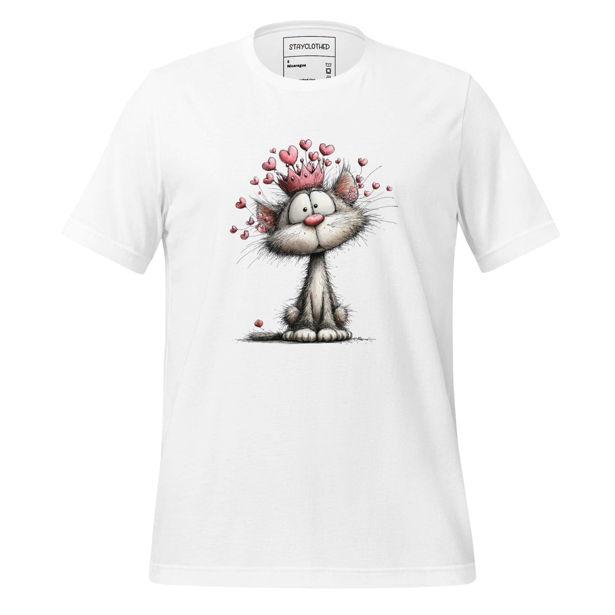 White t-shirt with a cat graphic and 'StayClothed' branding on a wooden surface.