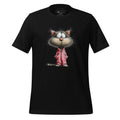 Black t-shirt with a cartoon cat design on a wooden surface, featuring the brand 'StayClothed'.