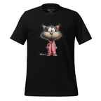 Black t-shirt with a cartoon cat design on a wooden surface, featuring the brand 'StayClothed'.