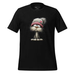 Black t-shirt with a cartoon cat wearing a hat on a wooden surface, featuring the brand 'StayClothed'.