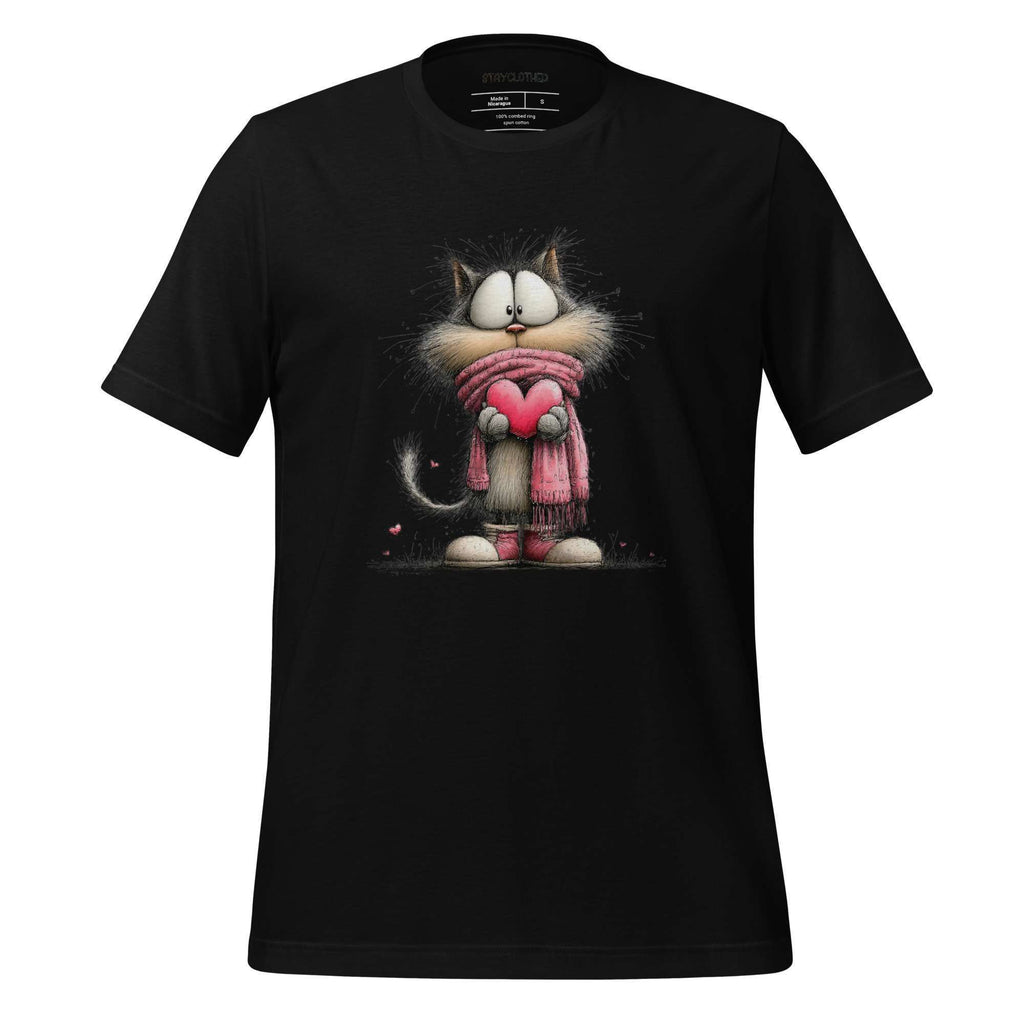 Black unisex premium cotton tee featuring a cute cat in a pink sweater design.