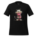 Black unisex premium cotton tee featuring a cute cat in a pink sweater design.