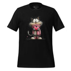 Black unisex premium cotton tee featuring a cute cat in a pink sweater design.