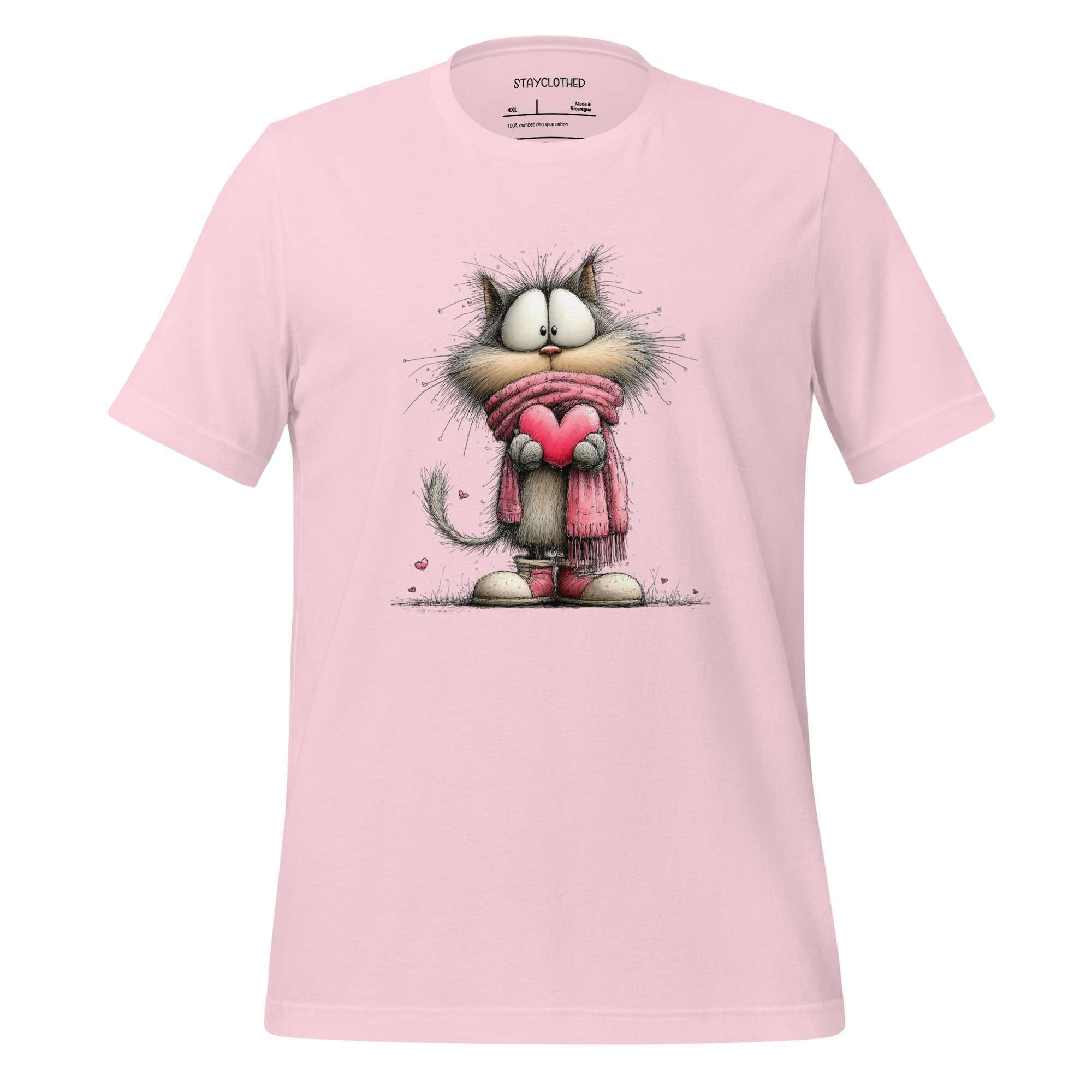 Cute pink unisex tee featuring a playful cat design, made of premium cotton for soft comfort and easy care.