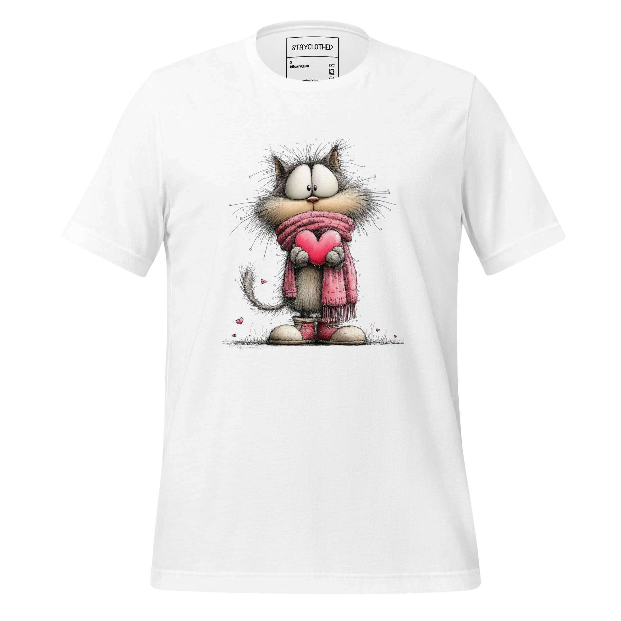 White unisex tee featuring a cute cat graphic in a pink scarf, soft cotton material for easy care.