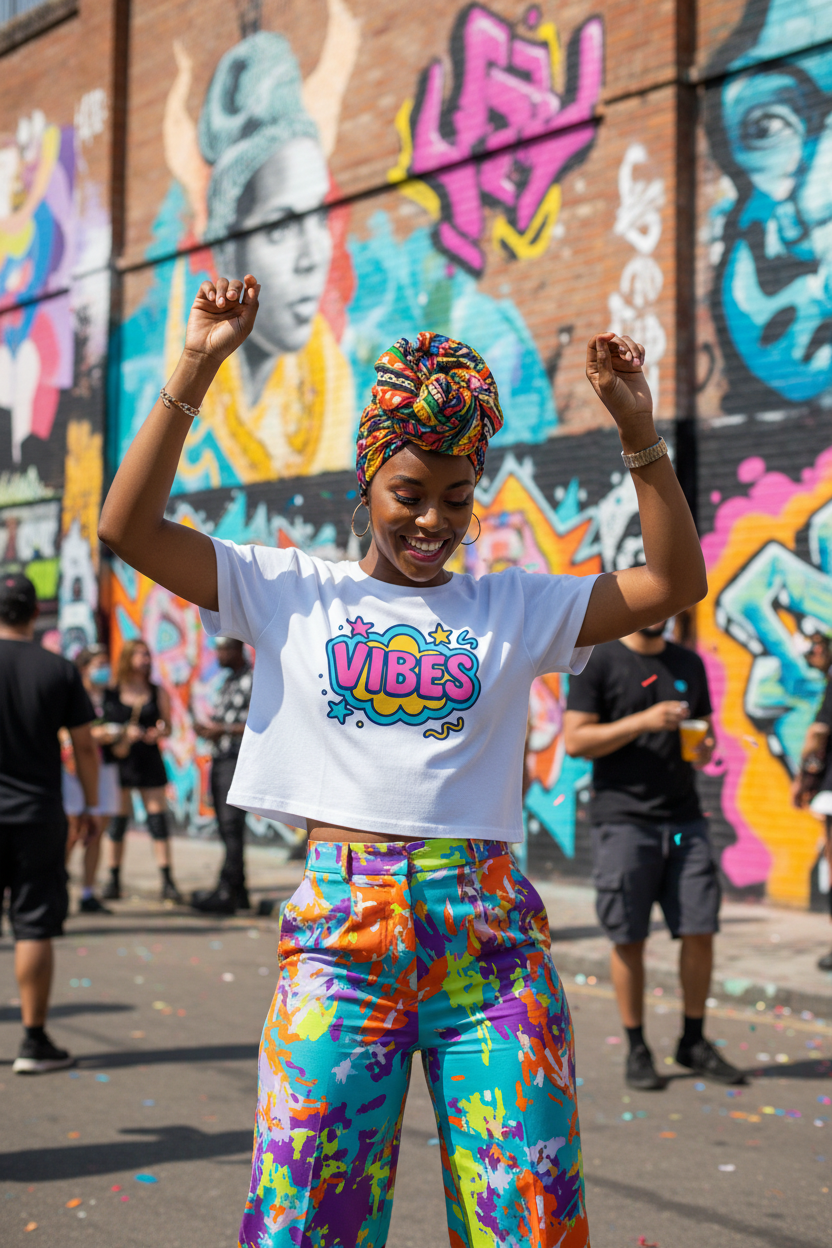 Model wearing the Vibes Colour Pop Crop Top in a colourful street scene with patterned trousers