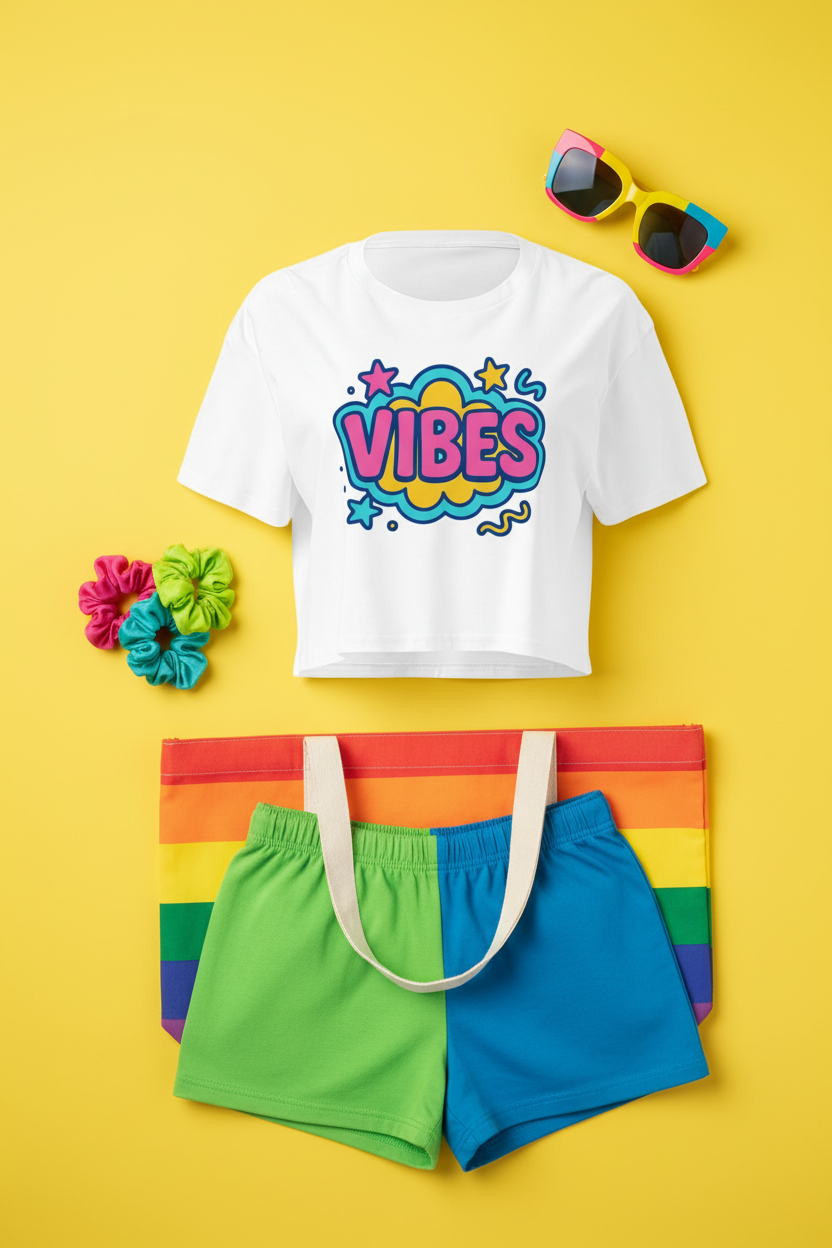 Vibes Colour Pop Crop Top flat lay styled on a yellow background with a green bag