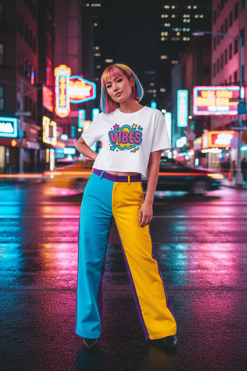 Model wearing the Vibes Colour Pop Crop Top in a neon city scene with yellow trousers