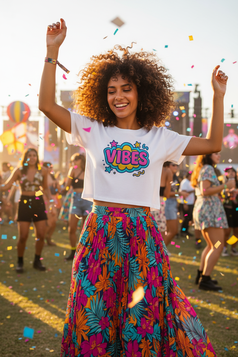 Model wearing the Vibes Colour Pop Crop Top at an outdoor festival scene with a bright patterned skirt