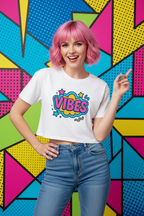 Model wearing the Vibes Colour Pop Crop Top in a bright pop art studio scene
