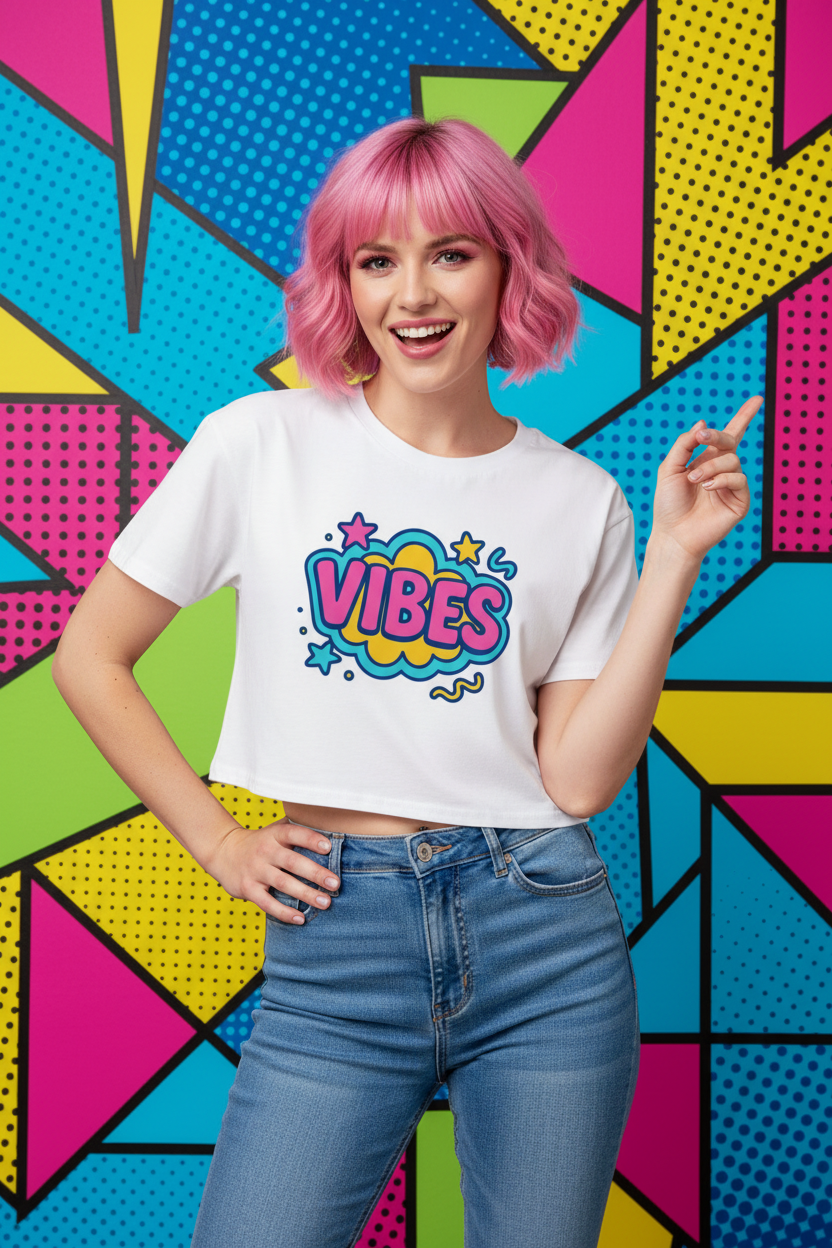 Model wearing the Vibes Colour Pop Crop Top in a bright pop art studio scene
