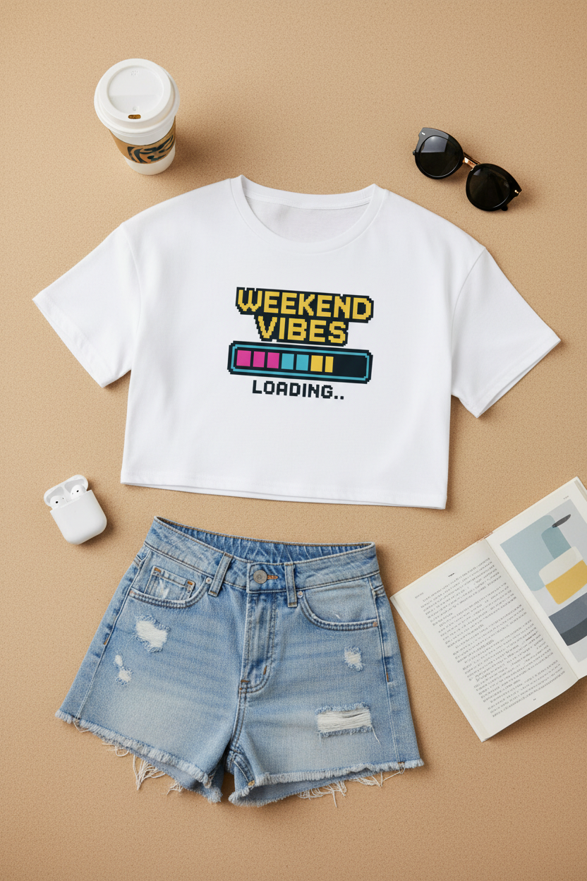 Weekend Vibes Loading Crop Top flat lay styled with denim shorts and casual accessories