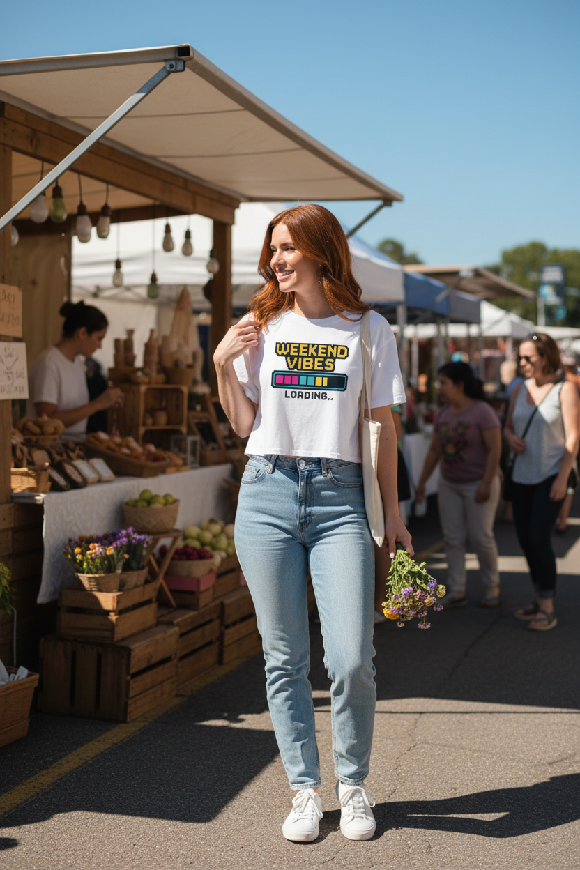 Model wearing the Weekend Vibes Loading Crop Top at an outdoor market scene