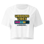 Weekend Vibes Loading white crop top front product mockup with retro pixel text and colourful loading bar graphic