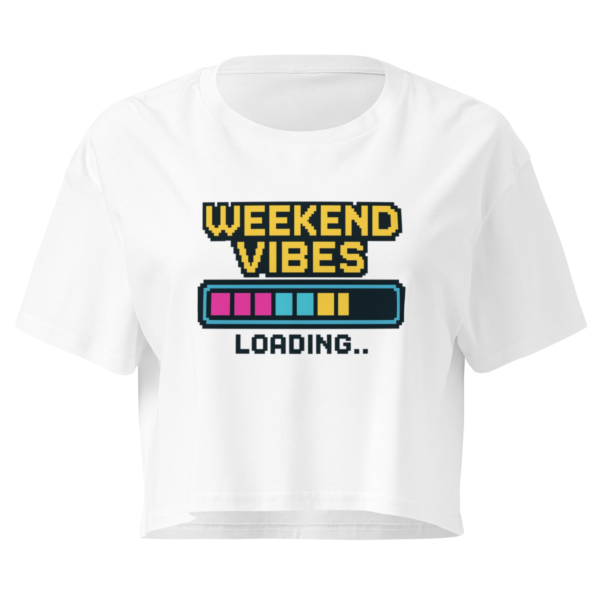 Weekend Vibes Loading white crop top front product mockup with retro pixel text and colourful loading bar graphic