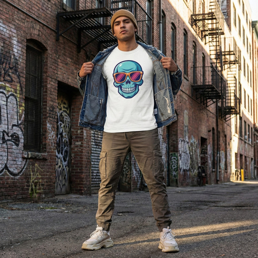 Man wearing a white t-shirt with a colorful graphic design, standing in an urban alleyway.
