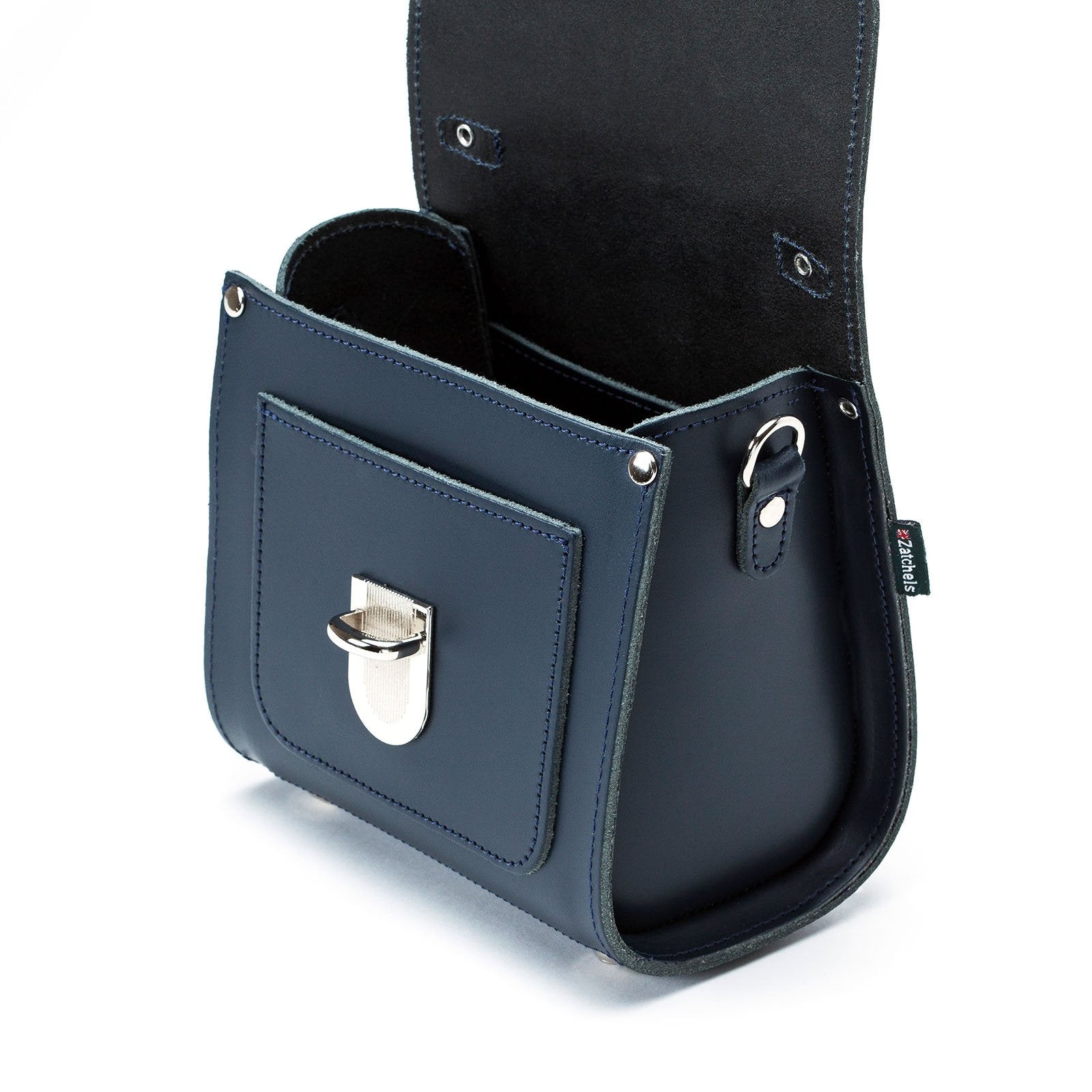 Zatchels Navy Sugarcube leather handbag detail view