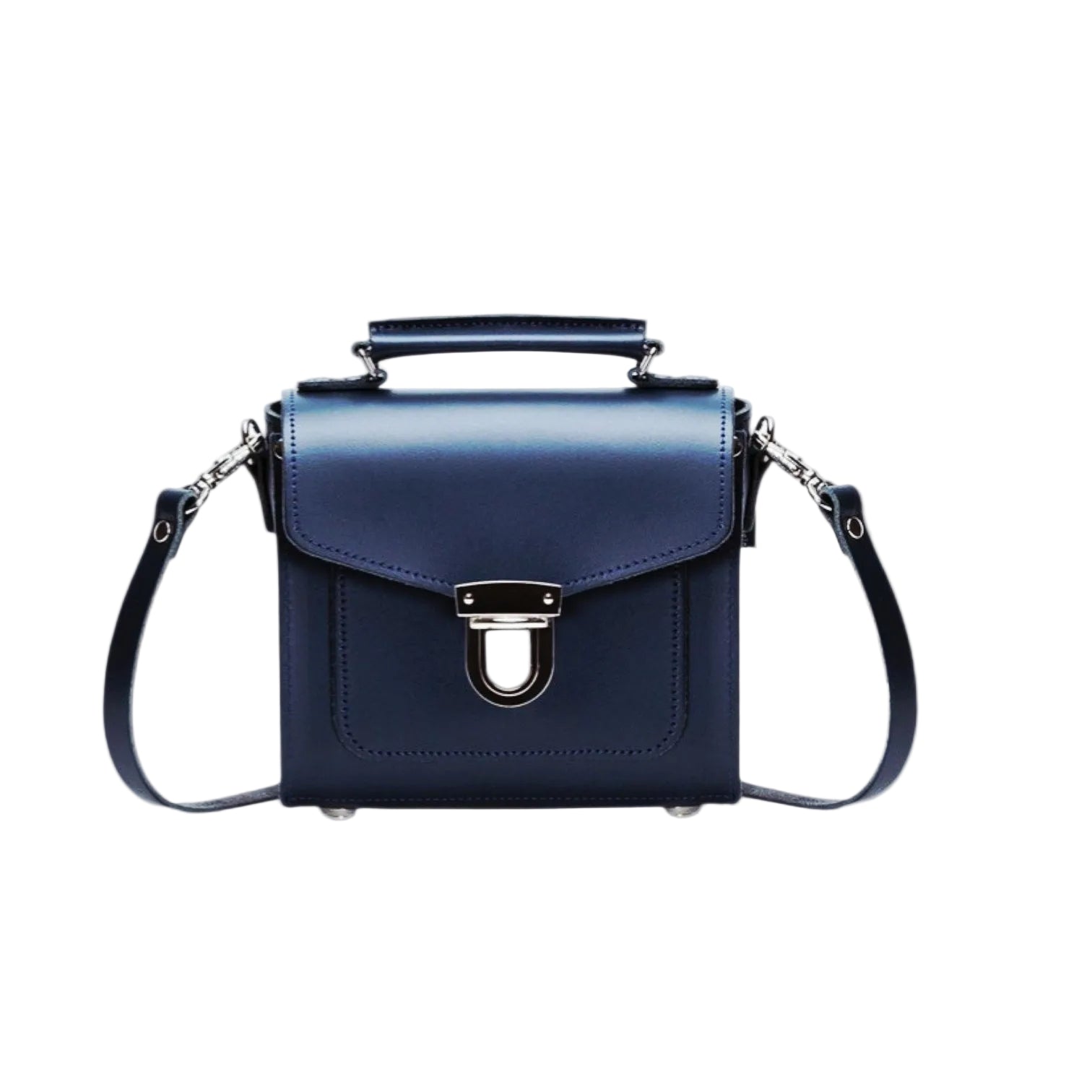 Zatchels Navy Sugarcube Handmade Leather Handbag front view