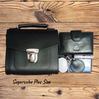 Black leather handbag and wallet set on a wooden surface with 'Sugarcube Plus Size' branding.