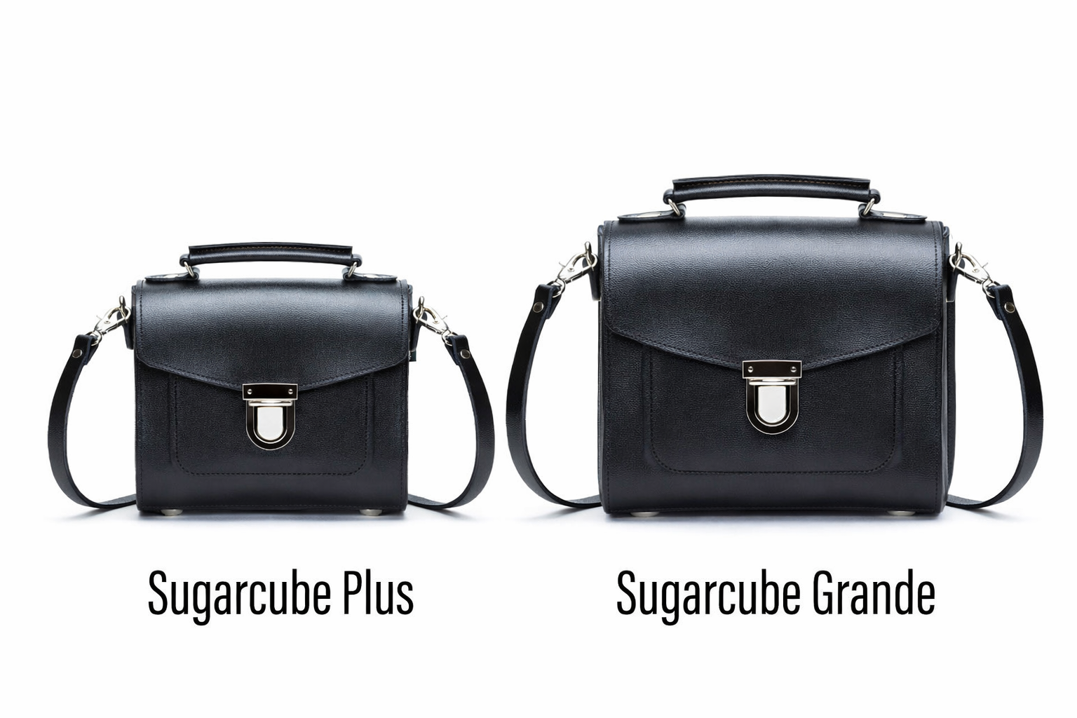 Two black handbags labeled 'Sugarcube Plus' and 'Sugarcube Grande' on a white background.