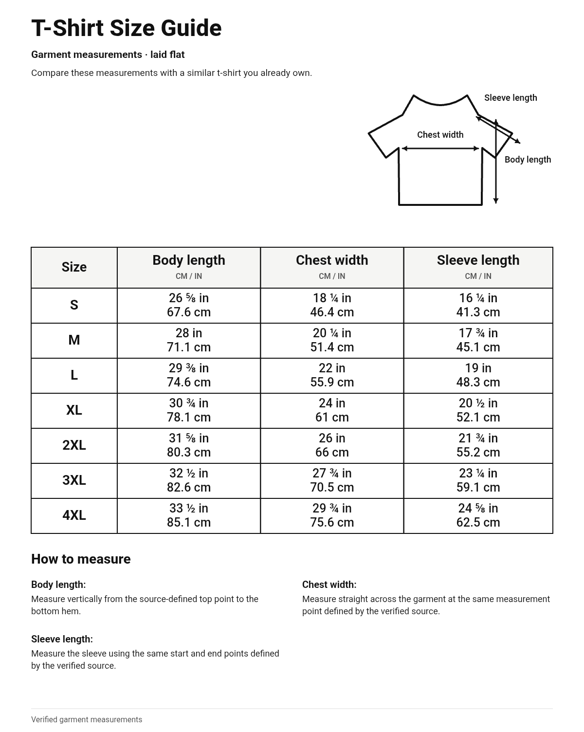 Size guide for T-Shirt