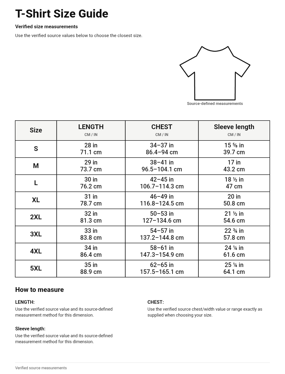 Size guide for T-Shirt