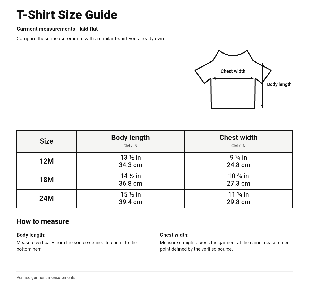 Size guide for T-Shirt
