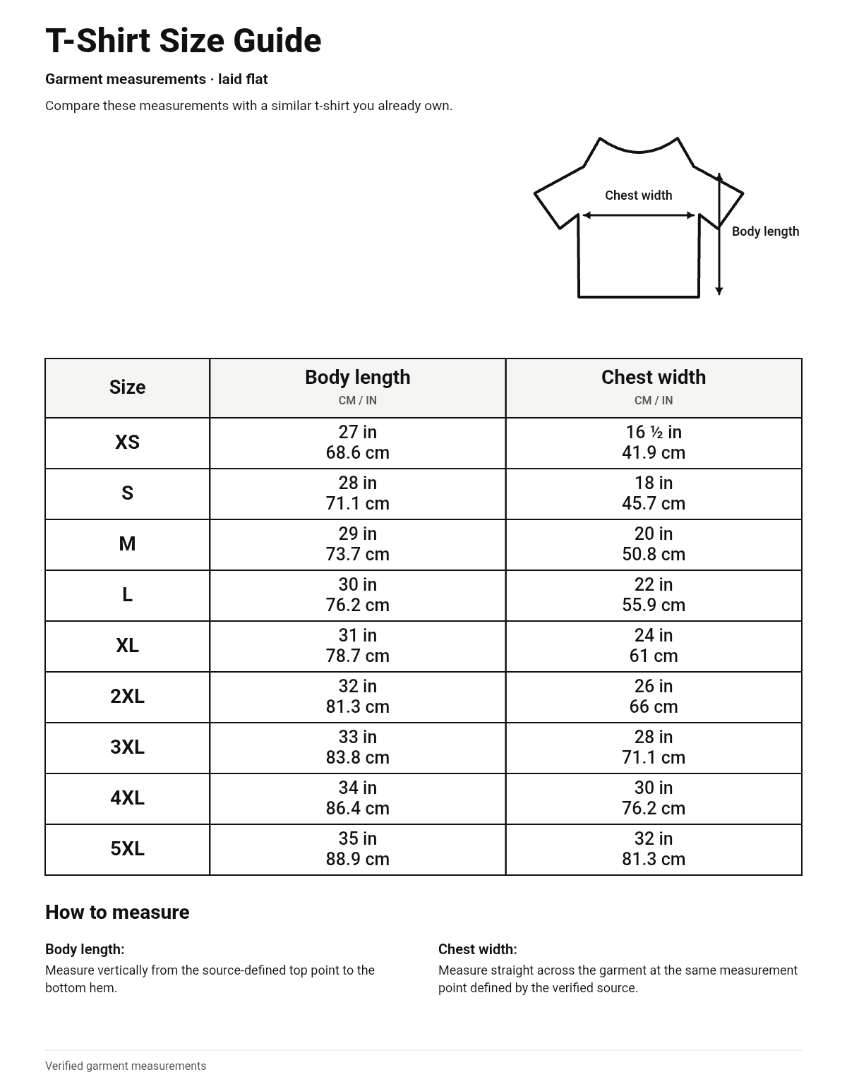 Size guide for T-Shirt