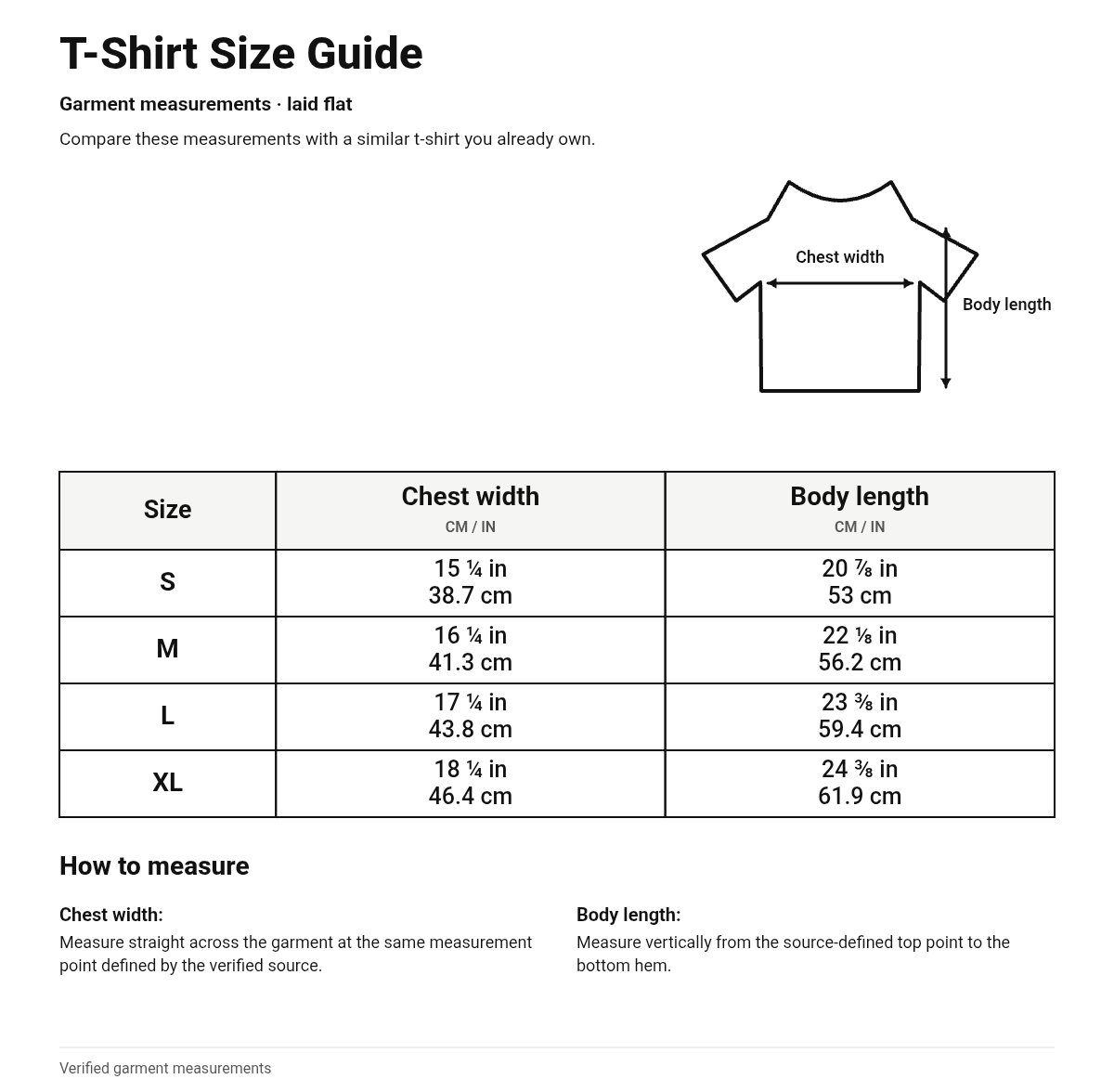 Size guide for T-Shirt