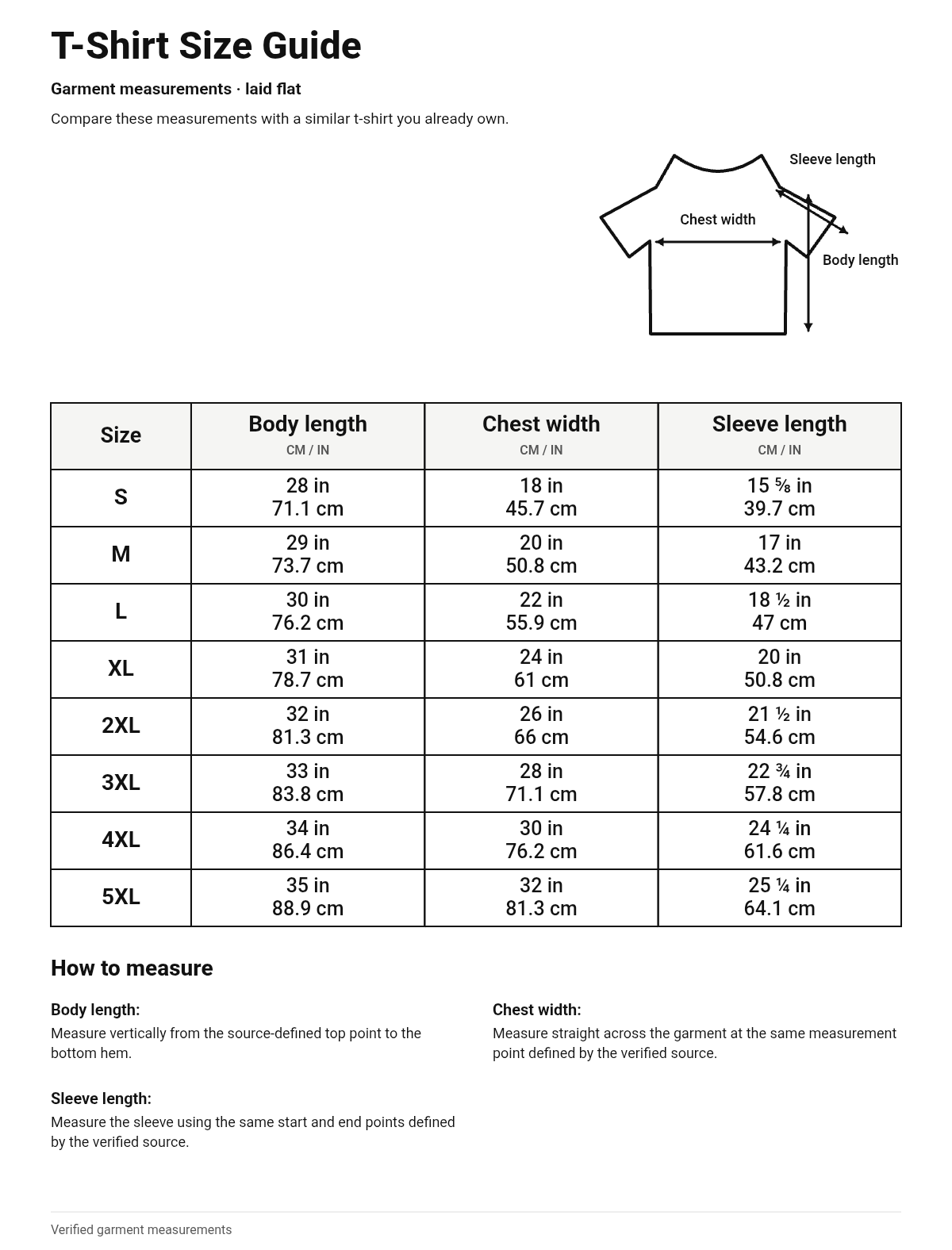 Size guide for T-Shirt