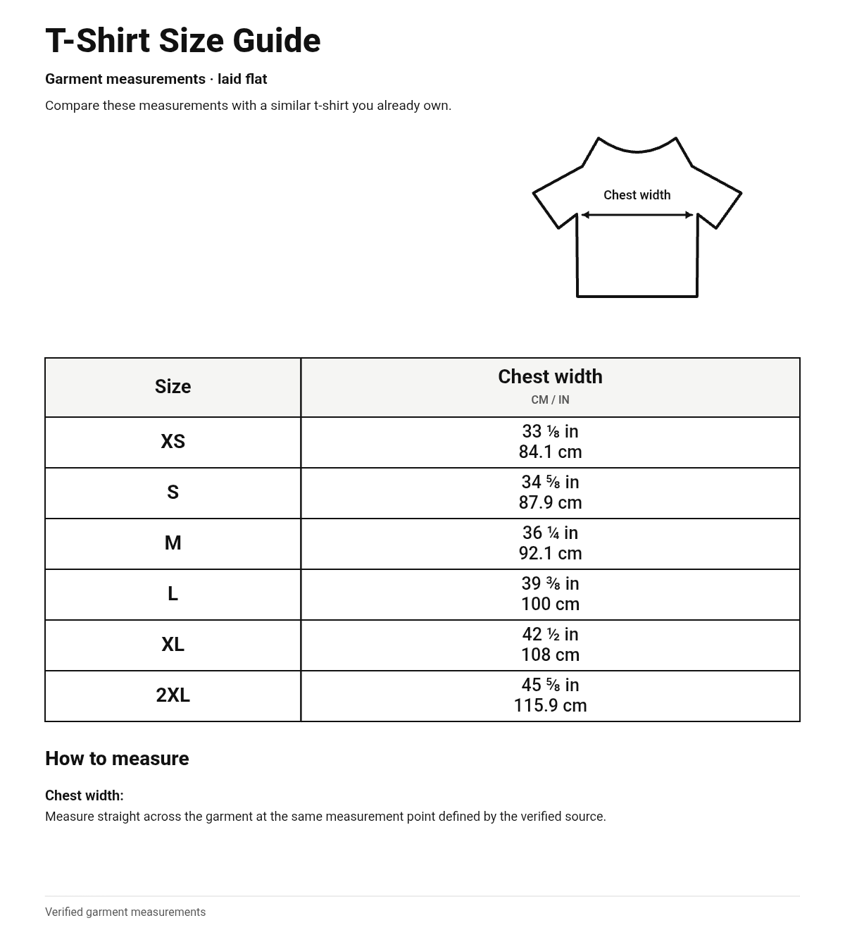 Size guide for T-Shirt