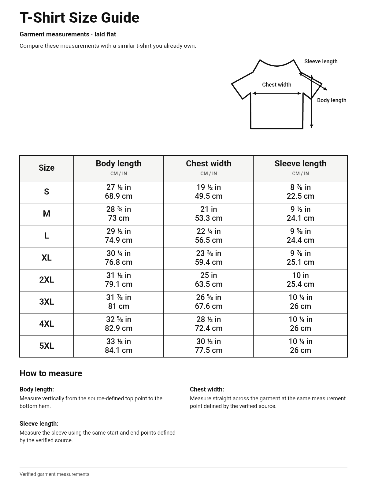Size guide for T-Shirt