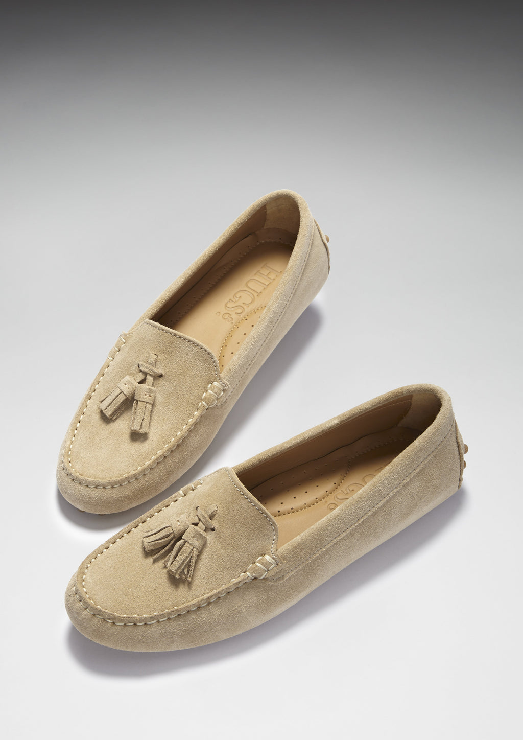 Hugs & Co Womens Tasselled Driving Loafers Taupe Suede