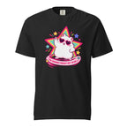 Front view of a black T-shirt featuring a kawaii white cat in heart-shaped sunglasses before a colorful star with pink text.