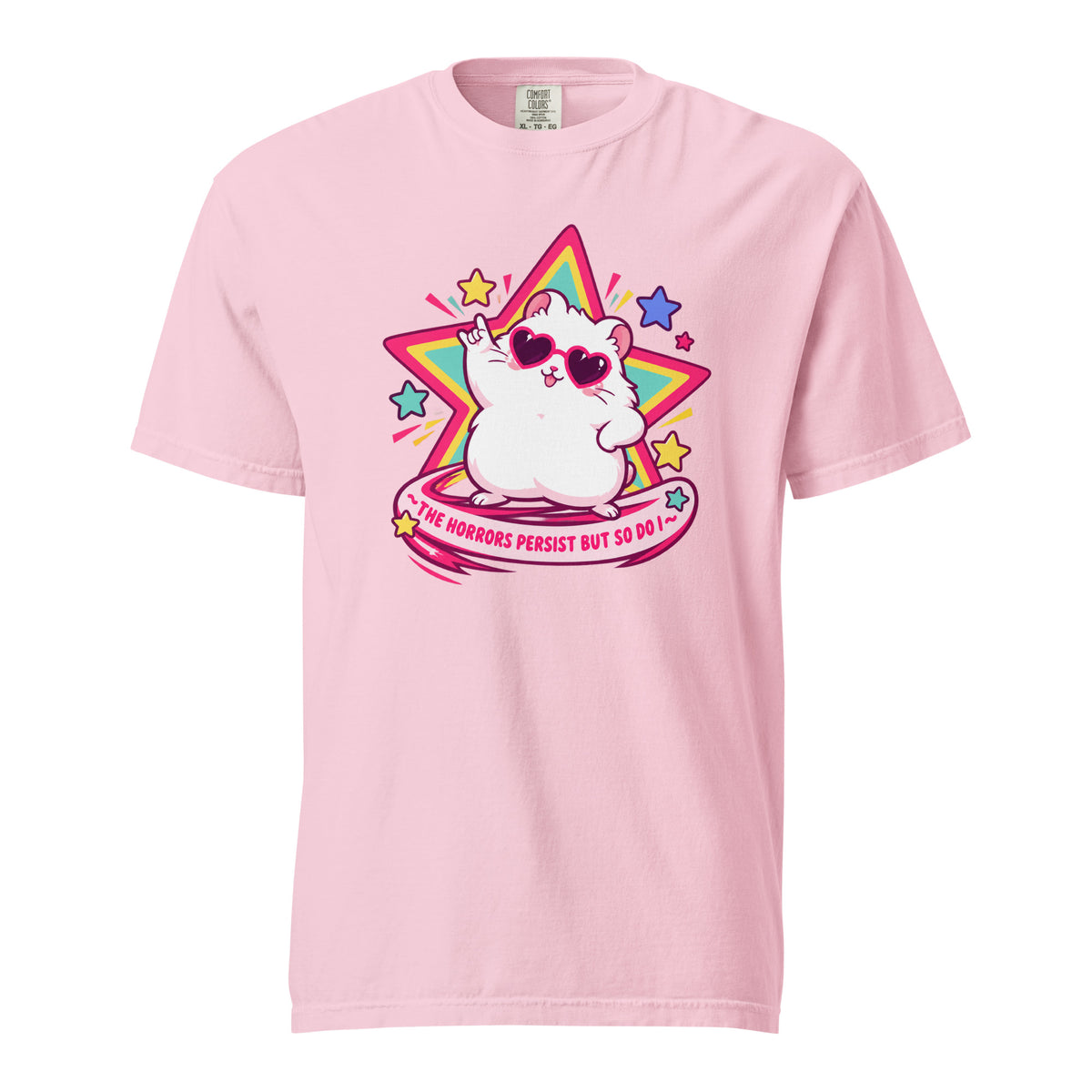 Front view of a Blossom T-shirt featuring a kawaii white cat in heart-shaped sunglasses before a colorful star with pink lettering.