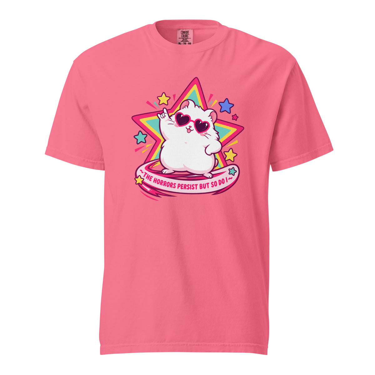 Front view of a Crunchberry T-shirt featuring a kawaii white cat in heart-shaped sunglasses before a colourful star with smaller stars and pink lettering.
