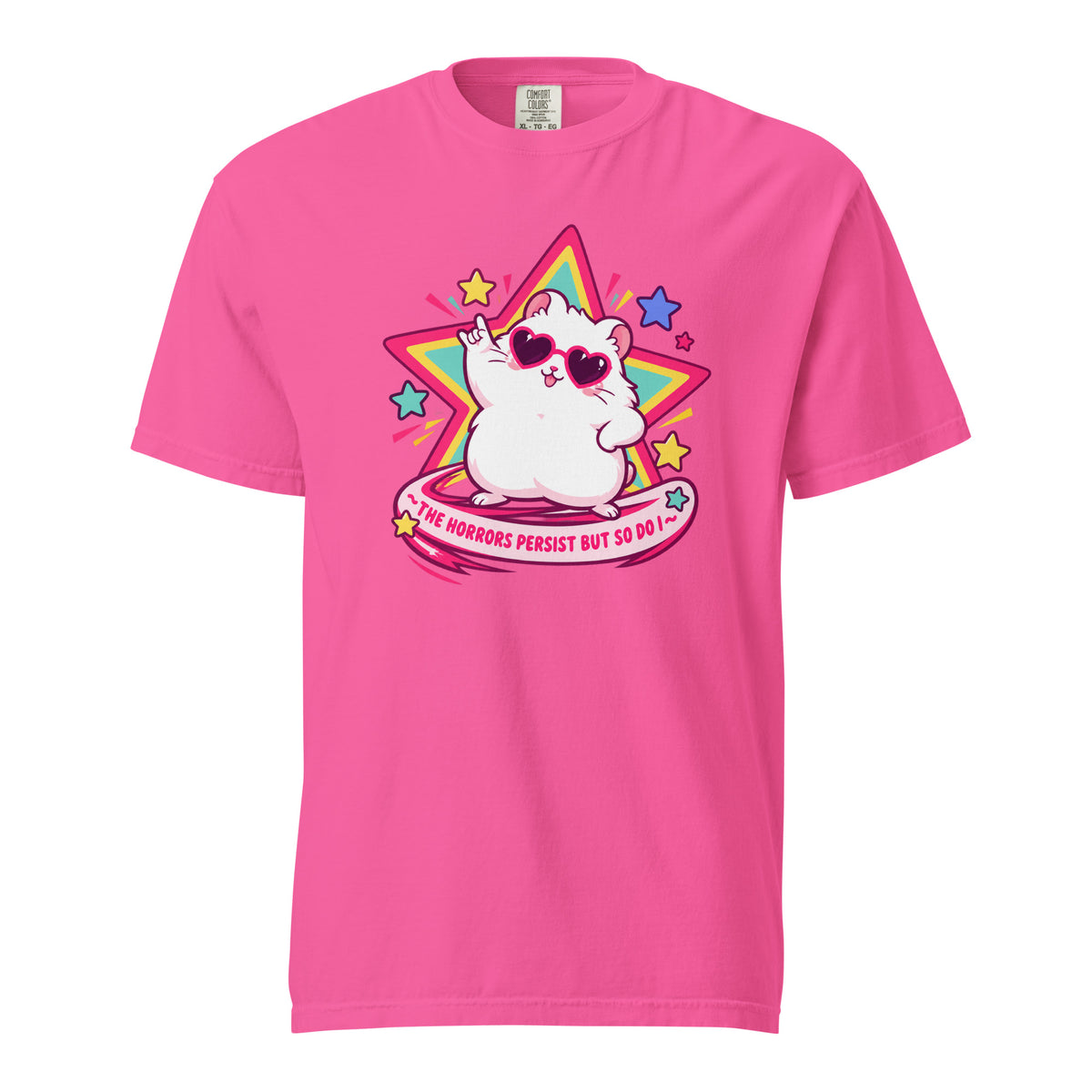 Front view of a Neon Pink T-shirt featuring a kawaii white cat in heart-shaped sunglasses before a colourful star with pink lettering.
