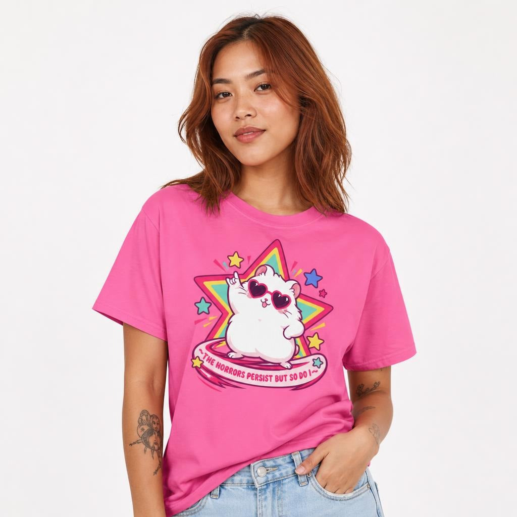 Model wearing a Neon Pink T-shirt featuring a kawaii white cat with heart-shaped sunglasses, a colourful star, and pink lettering.