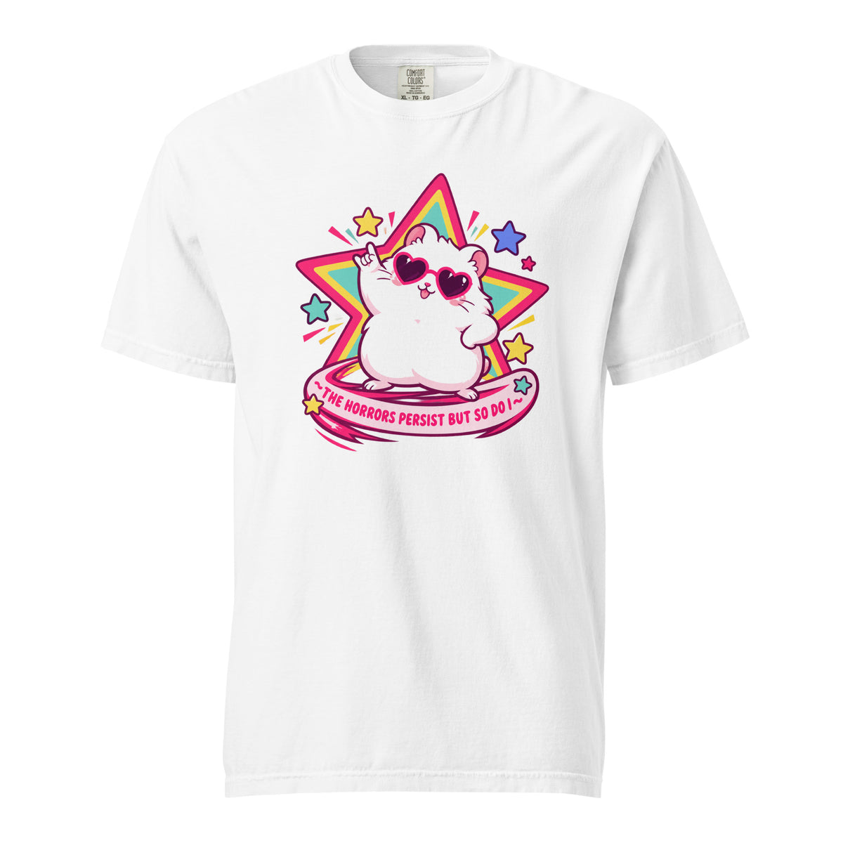 Front view of a white T-shirt featuring a kawaii cat in heart-shaped sunglasses before a colourful star with smaller stars and pink lettering.