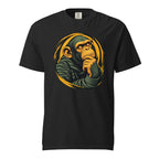 Front view of a Black T-shirt featuring a thoughtful chimpanzee graphic with its hand resting on its chin.