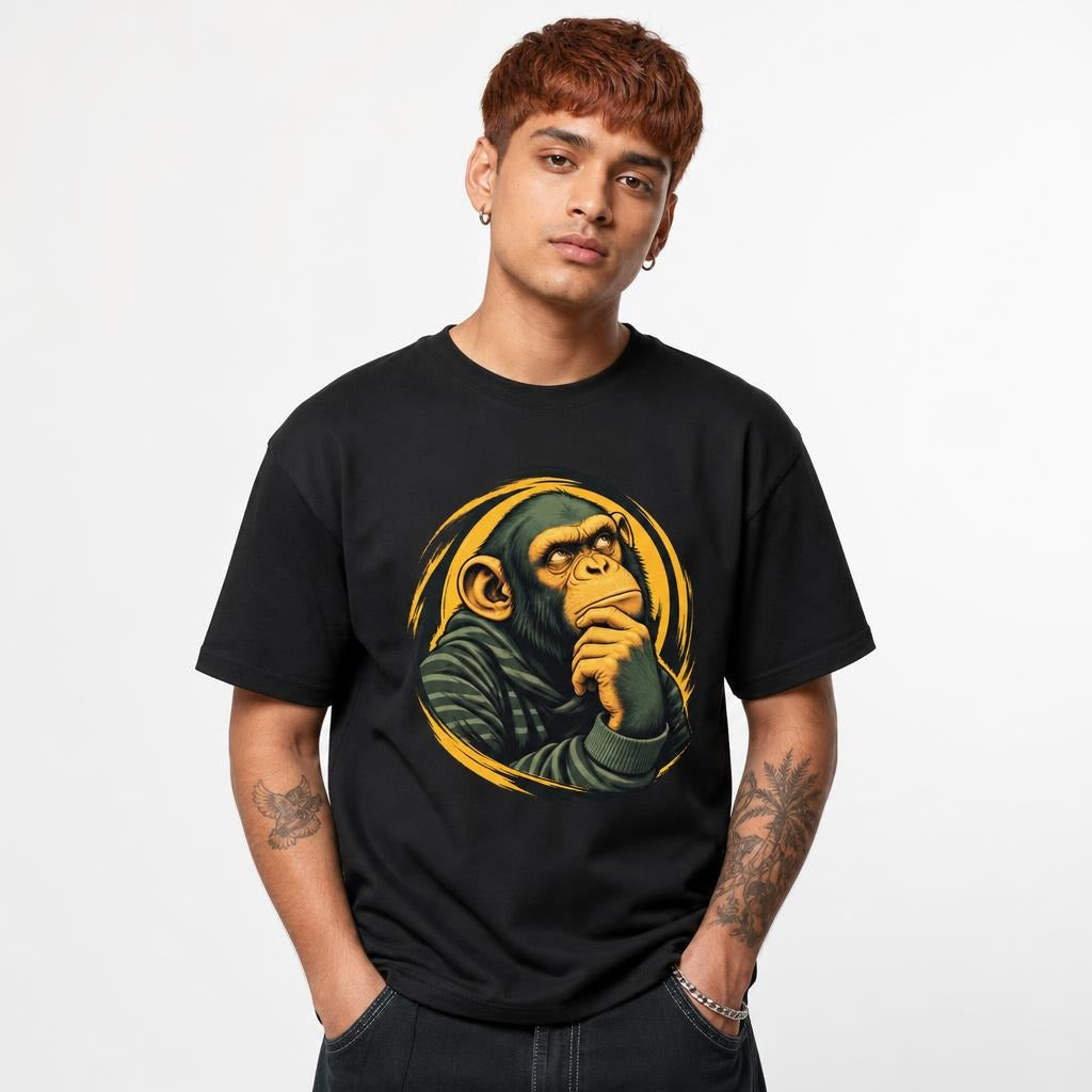Model wearing a black T-shirt featuring a thoughtful chimpanzee graphic with a hand to its chin.
