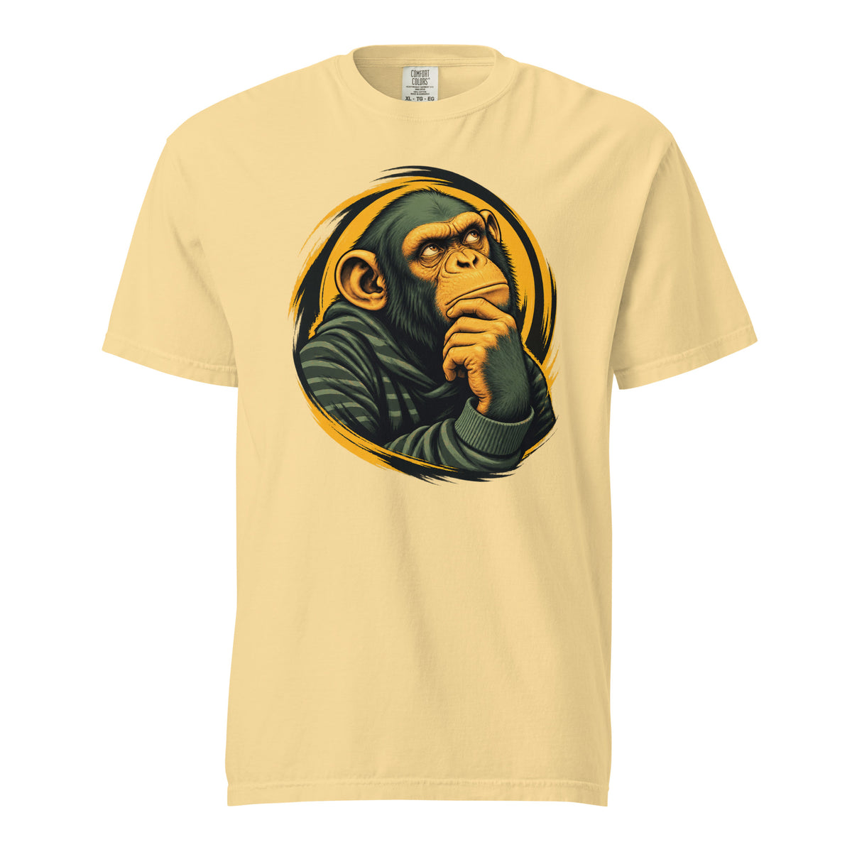Front view of a Butter T-shirt featuring a thoughtful chimpanzee resting its chin on one hand.