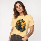Model wearing a Butter T-shirt with a thoughtful chimpanzee graphic on the front.