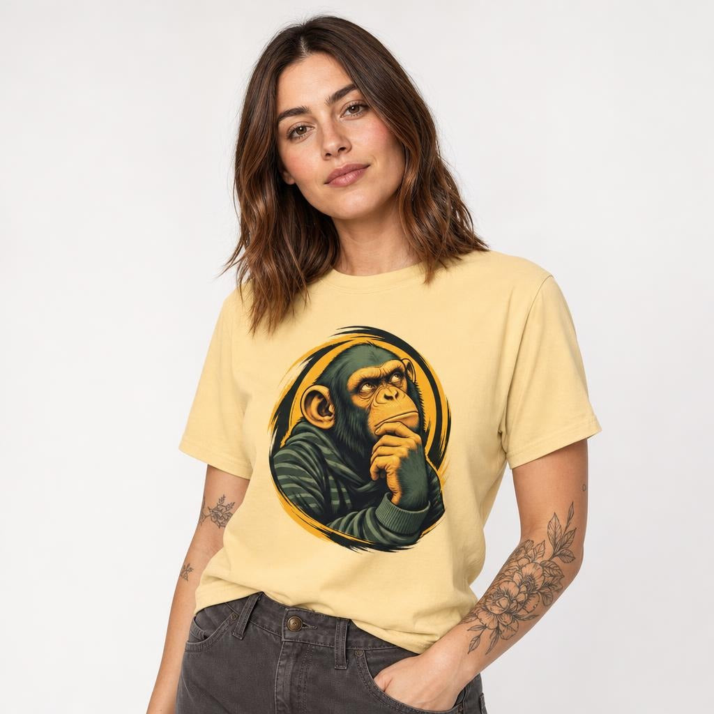 Model wearing a Butter T-shirt with a thoughtful chimpanzee graphic on the front.